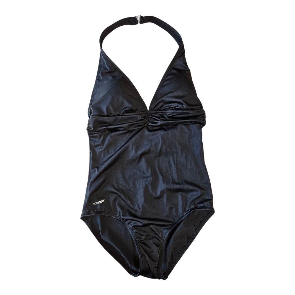 SPEEDO Women's 10 Swimsuit 1 Piece Halter Black V-Neck Logo Lightly Padded Cups